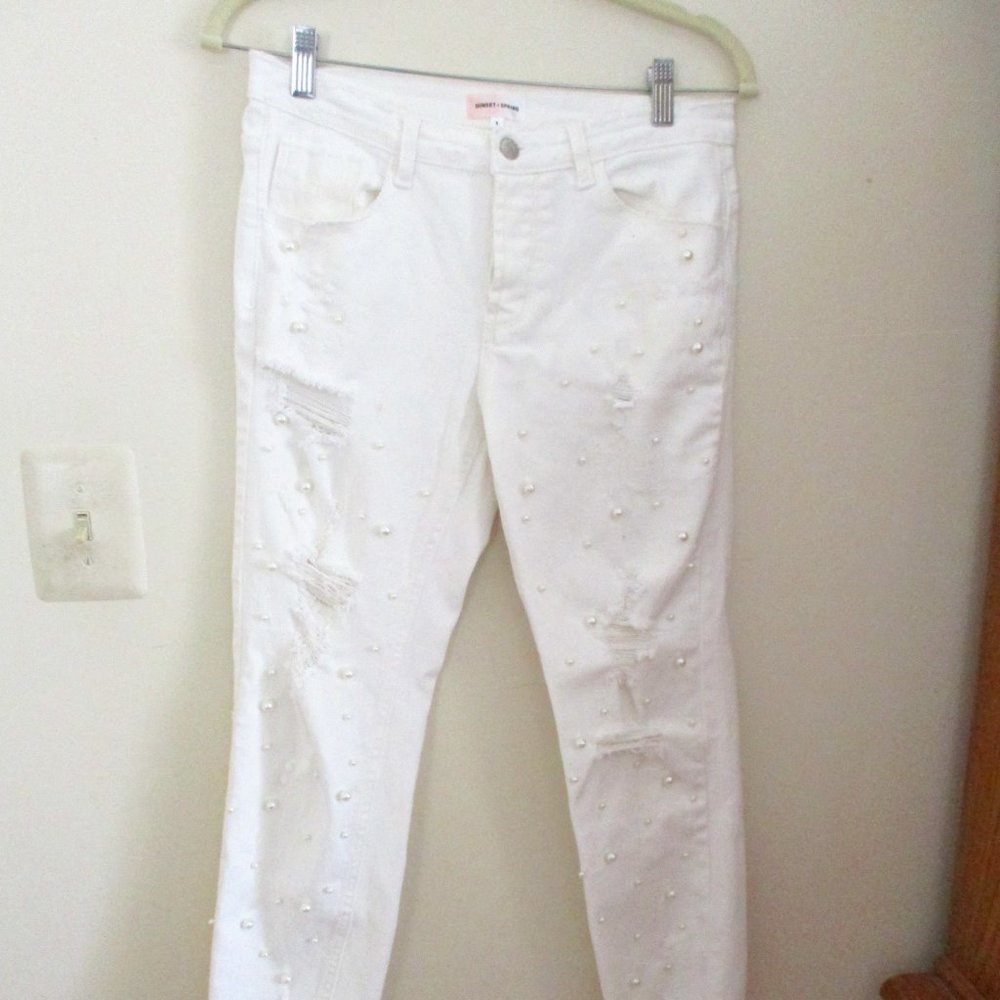 Sunset+Spring Womens White Pearl Embellished Distressed Jeans, Straight Leg, 1